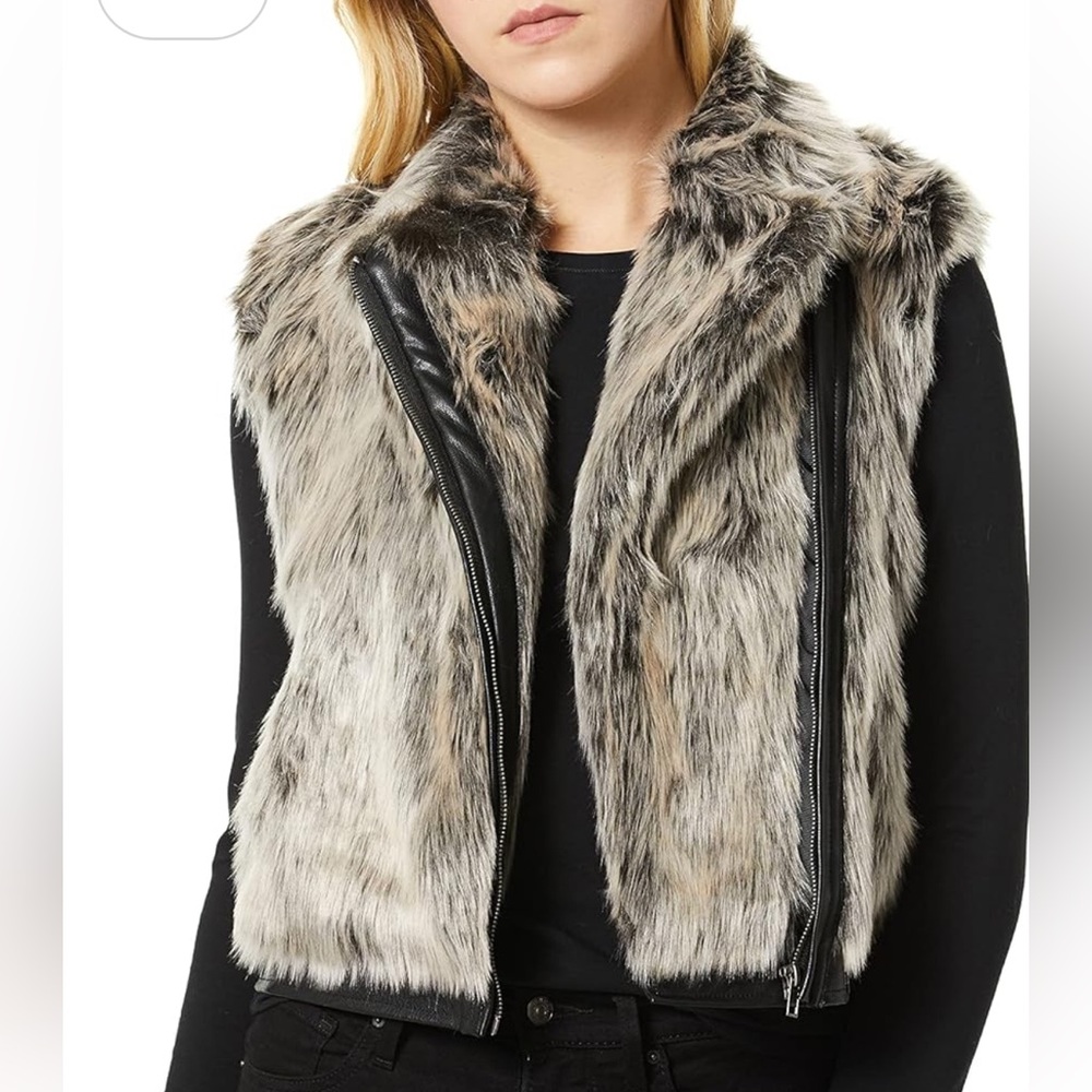 Cupcakes & Cashmere Faux Fur Vest w/ Vegan Leather Trim - Gray and Black, Small - Picture 3 of 14